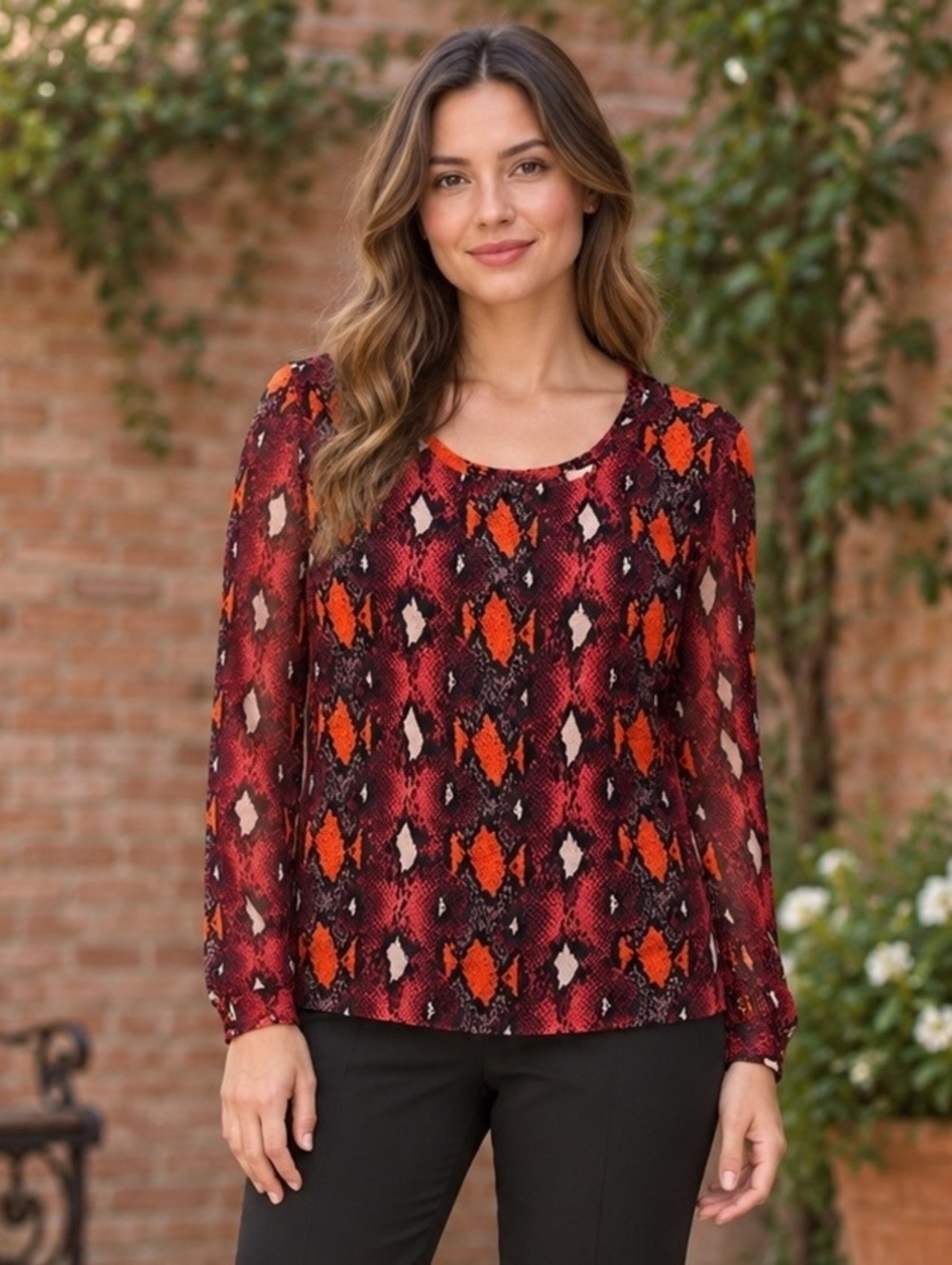 Equipment Femme Red Orange Python Print Long Sleeve Blouse Large